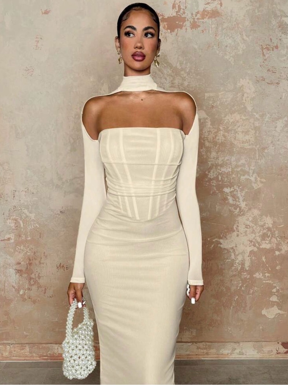 Cream colored Off-Shoulder Bodycon Dress with Choker Detail
